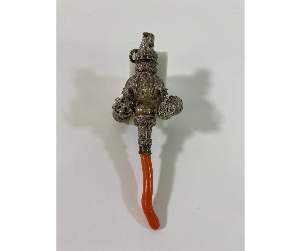 Appraisal: English silver whistle rattle with four silver tassels and a