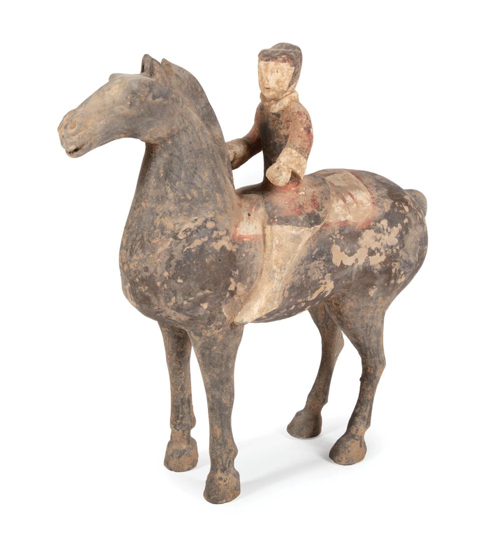 Appraisal: Chinese Painted Pottery Equestrian Group probably Han Dynasty BCE- CE