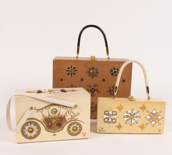 Appraisal: Vintage Enid Collins wooden purses two mille fleur one carriage