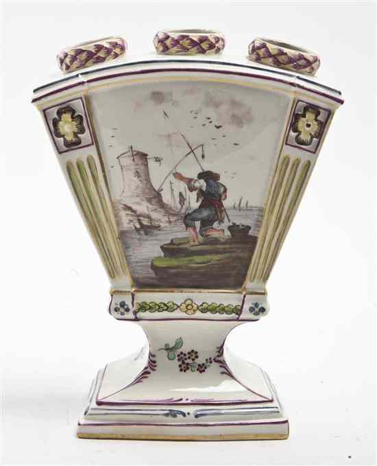 Appraisal: A Faience Tulipiere of trapezoidal form decorated with a fisherman