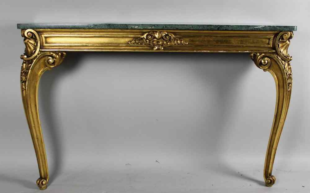 Appraisal: LOUIS XV STYLE GILTWOOD MARBLE TOP CONSOLE The rectangular black