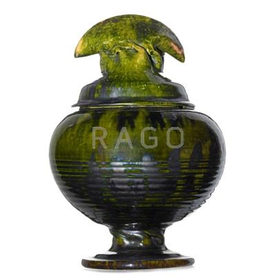 Appraisal: GEORGE OHR Rare jar with cover in-body twist sponged green