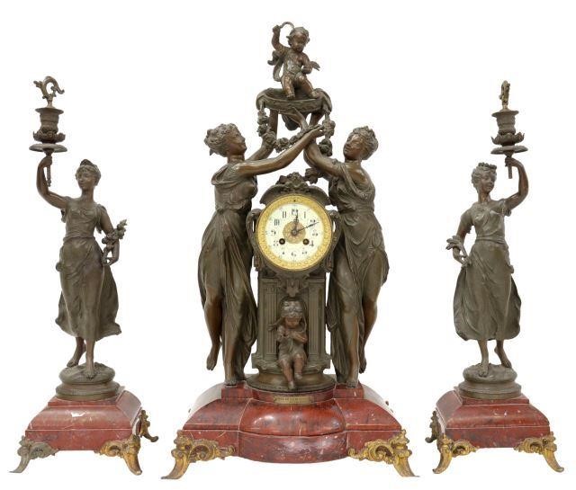 Appraisal: lot of French figural mantel set late th c including