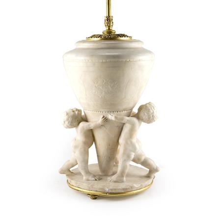 Appraisal: Louis XVI Style Gilt-Metal Mounted Carved White Marble Three-Light Lamp