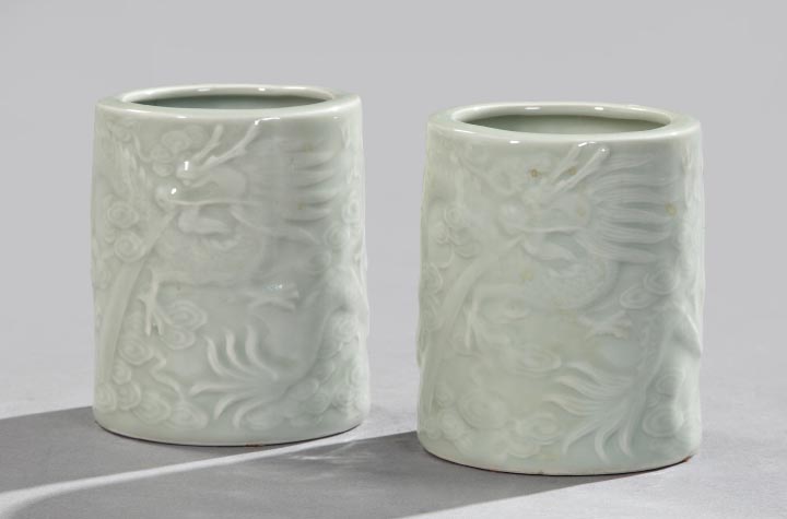 Appraisal: Pair of Kuang Hsu Celadon Porcelain Brush Pots first quarter