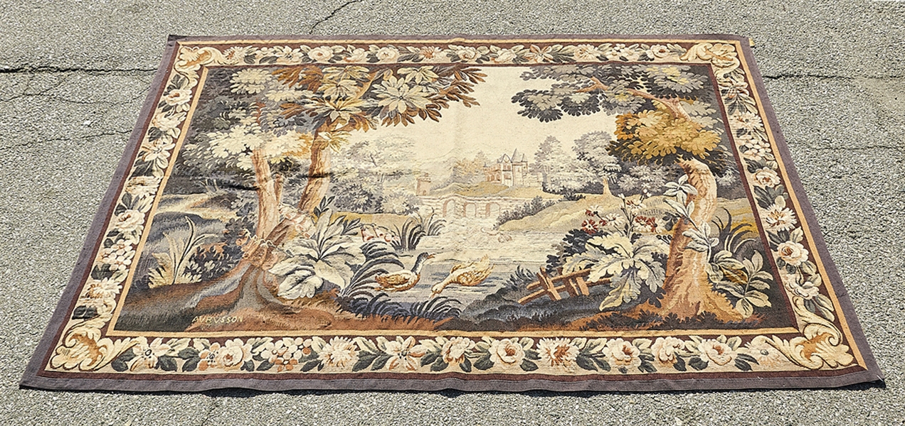 Appraisal: European tapestry depicting a wooded pond scene with Ch teau