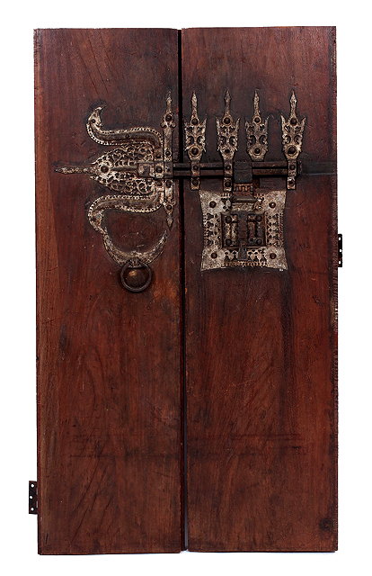 Appraisal: A PAIR OF HARDWOOD DOORS mounted with a decorative Oriental