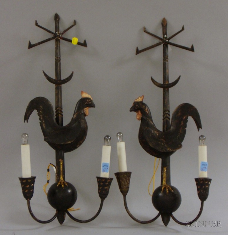 Appraisal: Pair of Italian Carved and Painted Wood and Metal Rooster