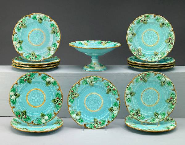 Appraisal: A Sarreguemines majolica part dessert service circa Comprising a comport