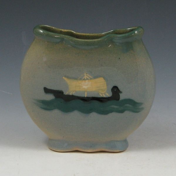 Appraisal: Weller Jap Birdimal pillow vase with Viking ship on blue-green