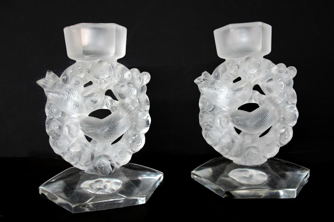 Appraisal: PAIR LALIQUE CRYSTAL MESANGES CANDLESTICKS Pair of candlesticks with figural