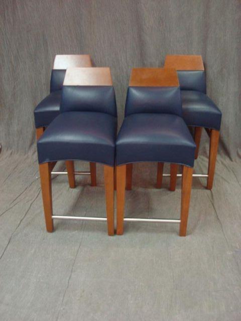 Appraisal: Blue Leather Stools Wood and leather contemporary stools Never used