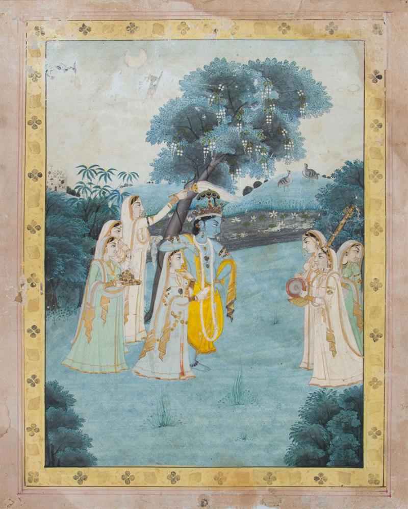 Appraisal: INDIAN SCHOOL RADHA AND KRISHNA BEING ENTERTAINED BY A MUSICIAN