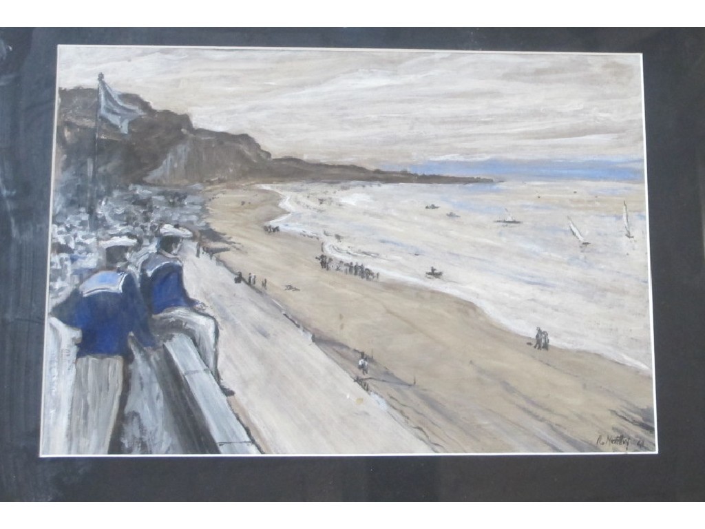 Appraisal: Gouache beach scene with French sailors to the foreground signed