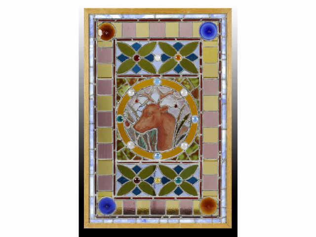 Appraisal: Antique Stained Glass Window with Deer Description Antler and jewels