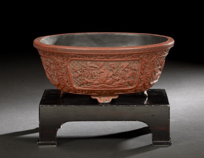 Appraisal: Chinese Carved Cinnabar Lacquer Planter Daoguang Reign - of oval