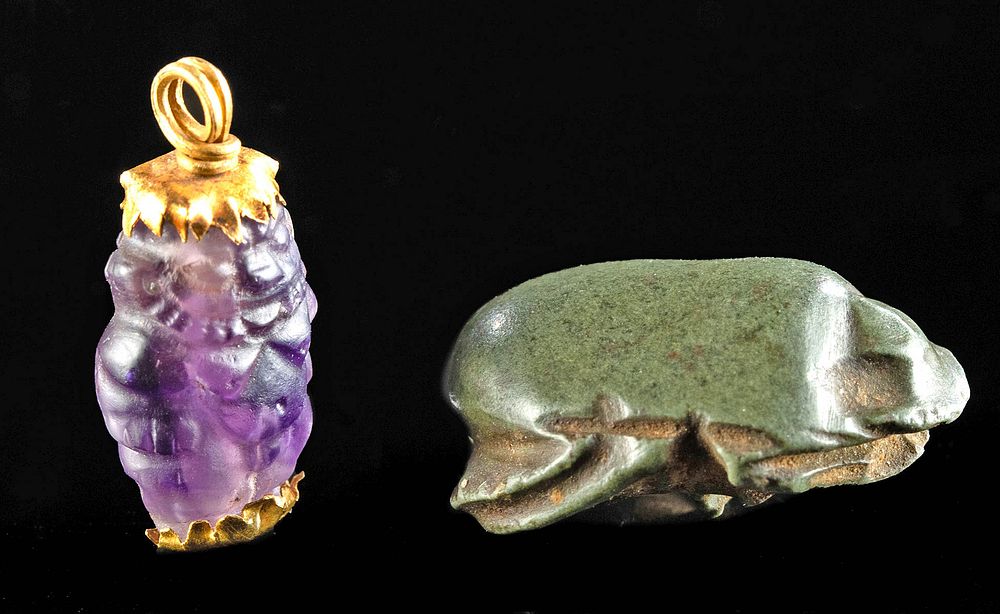 Appraisal: Egyptian Gold Amethyst Bes Stone Scarab Ex Arte Originally Listed