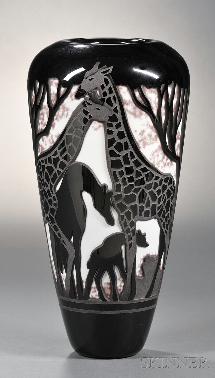 Appraisal: Valerie Surjan Glass Vase with Giraffes Cameo cut art glass