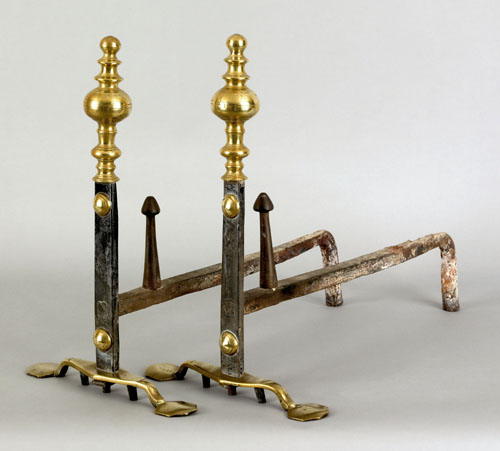 Appraisal: Pair of English iron and brass andirons early th c