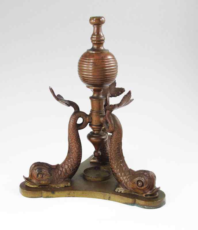 Appraisal: BRONZE FIGURAL DOLPHIN LAMP BASE ATTRIBUTED PAIRPOINT stylized dolphins supporting