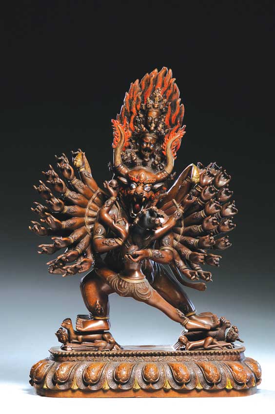 Appraisal: SINO-TIBETAN TANTRIC BRONZE Elaborate Sino-Tibetan bronze model of the deity