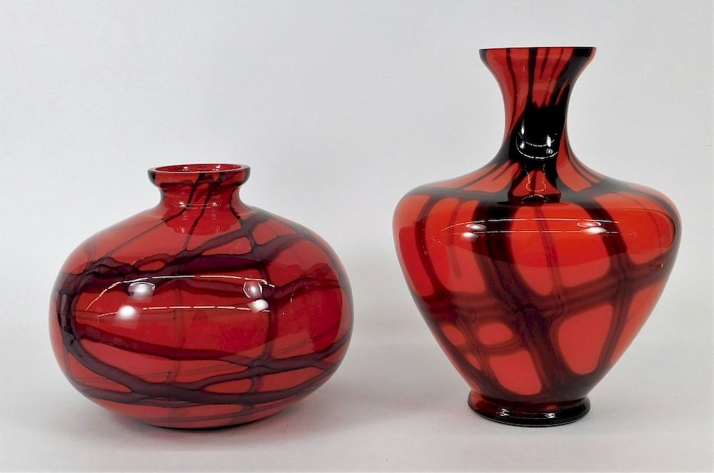 Appraisal: Kralik Red Netted Bohemian Art Glass Vase Group Bohemia th