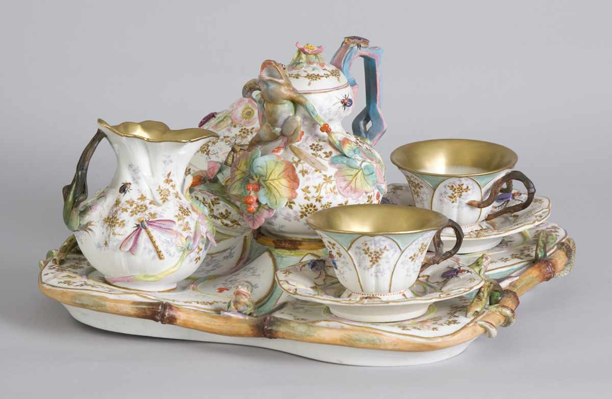 Appraisal: Unusual Bisque Porcelain Tea Set w Frog Dragonfly Insect Motif