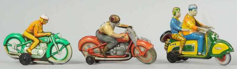 Appraisal: Lot of Tin Motorcycle Friction Wind-Up Toys German Working Includes