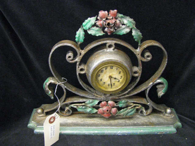 Appraisal: Fancy Wrought Iron Clock handpainted floral x working