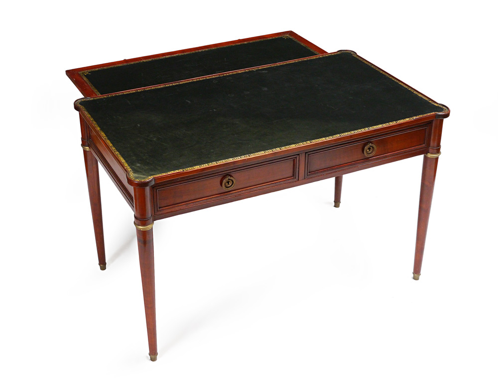 Appraisal: LEATHER TOP DRAWER DESK Black embossed leather top with cookie