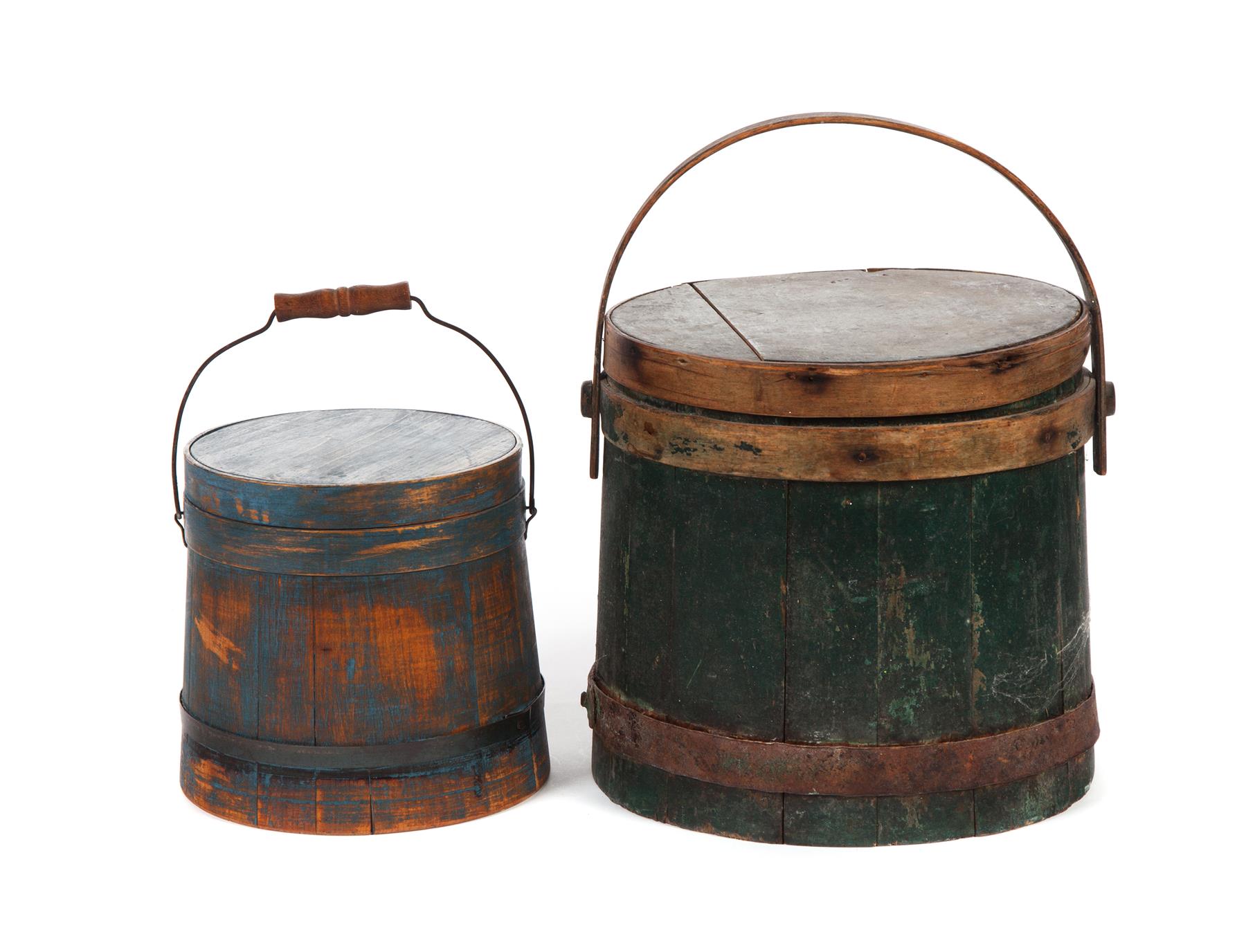 Appraisal: TWO PAINTED LIDDED FIRKINS American nd half- th century Blue