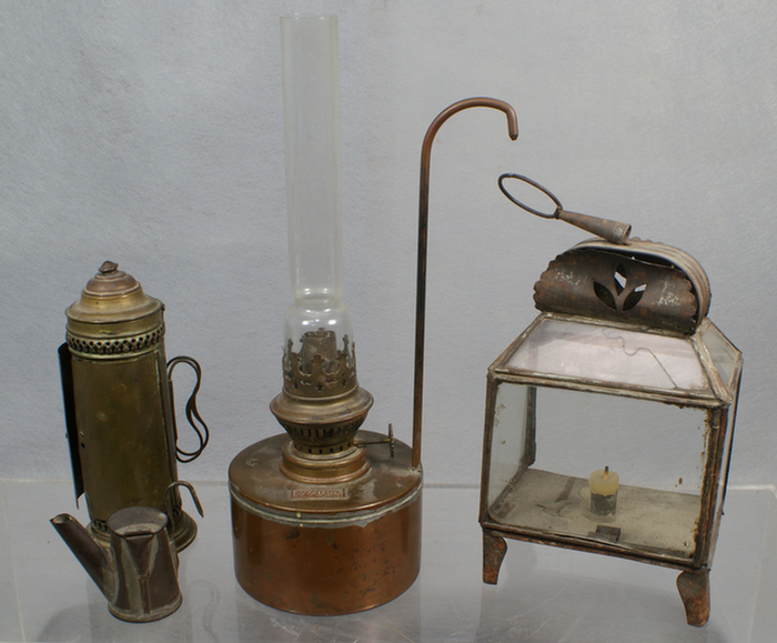 Appraisal: pcs lighting brass candle lamp tin hookon miners lamp brass