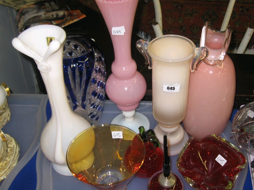 Appraisal: Tray lot of assorted art glass vases dishes and paperweights