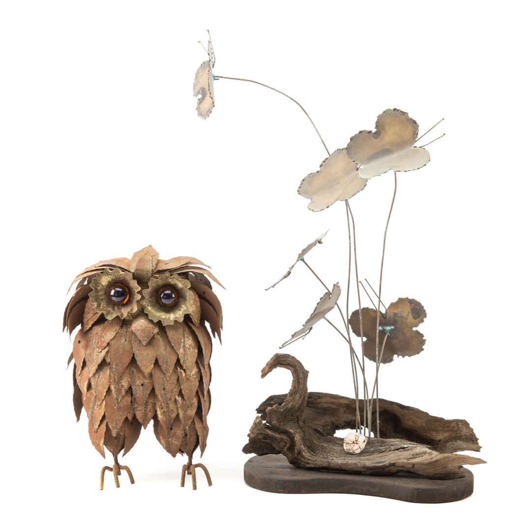 Appraisal: Two metal sculptures including an owl and butterflies on natural