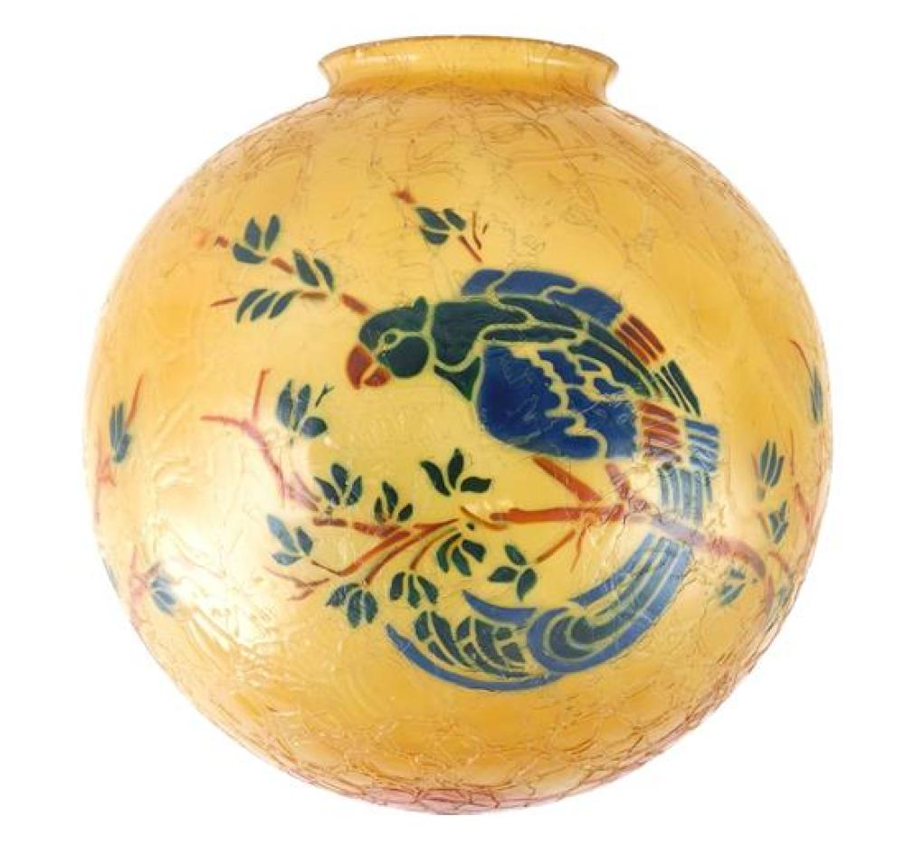 Appraisal: Lamp globe with parrot possibly Handel crackle surface with blue