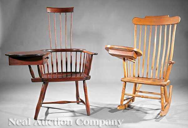 Appraisal: Two Antique American Maple and Mahogany Windsor Writing Chairs the