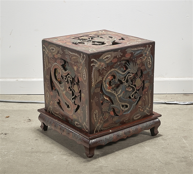 Appraisal: Chinese painted wood stacking boxes four-tiered with stand and openwork