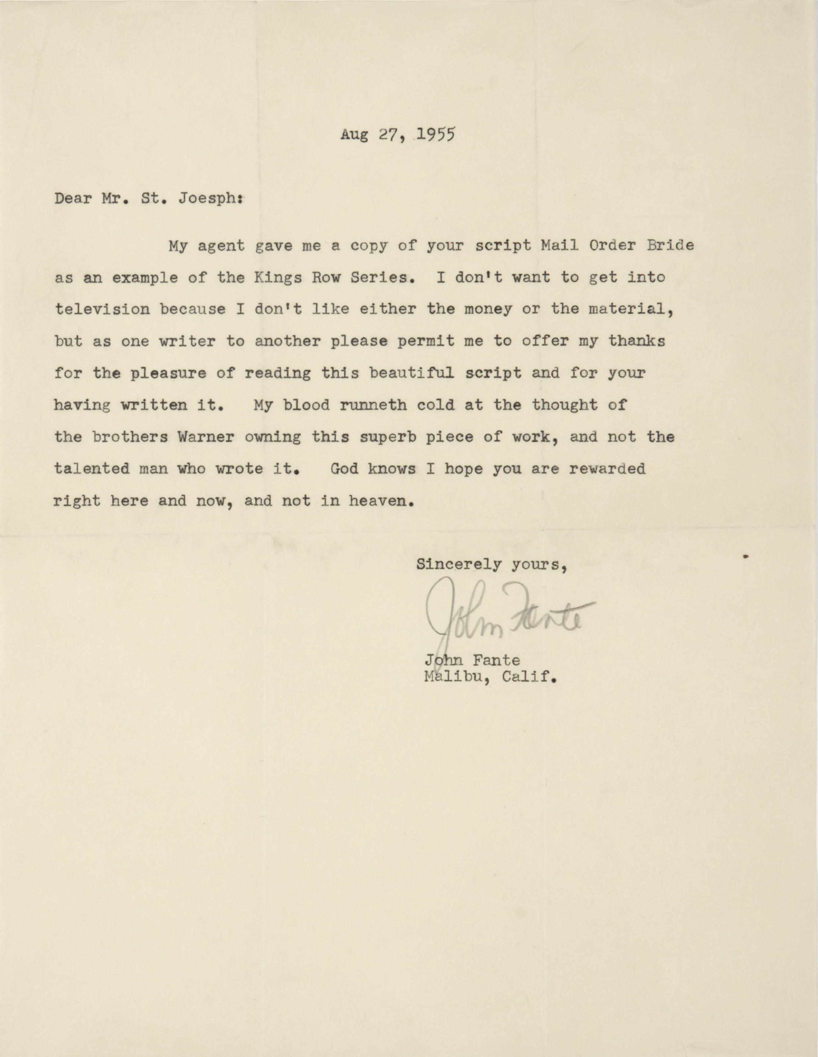 Appraisal: FANTE JOHN - Typed Letter Signed ''John Fante'' p to