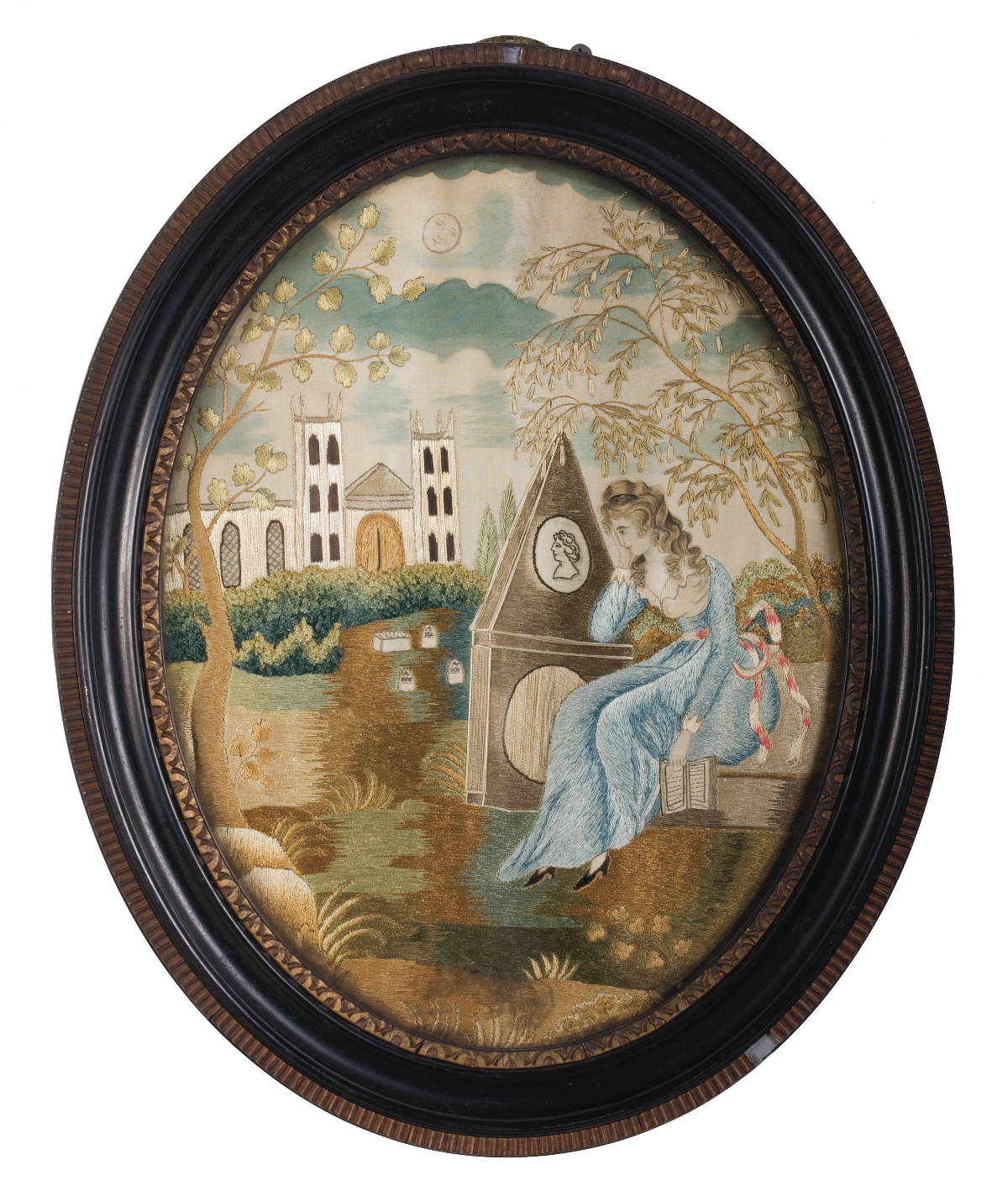 Appraisal: SILK NEEDLEWORK MEMORIAL The oval worked in paint and silk