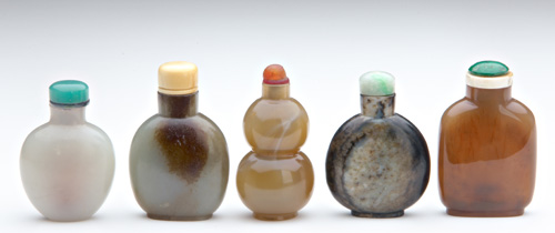 Appraisal: CHINESE SNUFF BOTTLES Five plain jade bottles one of double-gourd