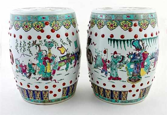 Appraisal: Pair Chinese Export porcelain garden seats barrel-shaped in the famille