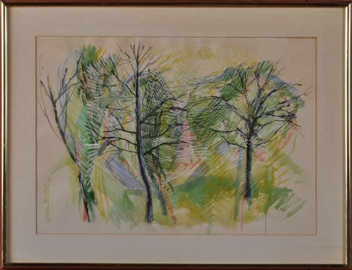 Appraisal: EUROPEAN SCHOOL ABSTRACT FOREST SCENE Watercolor on paper x in