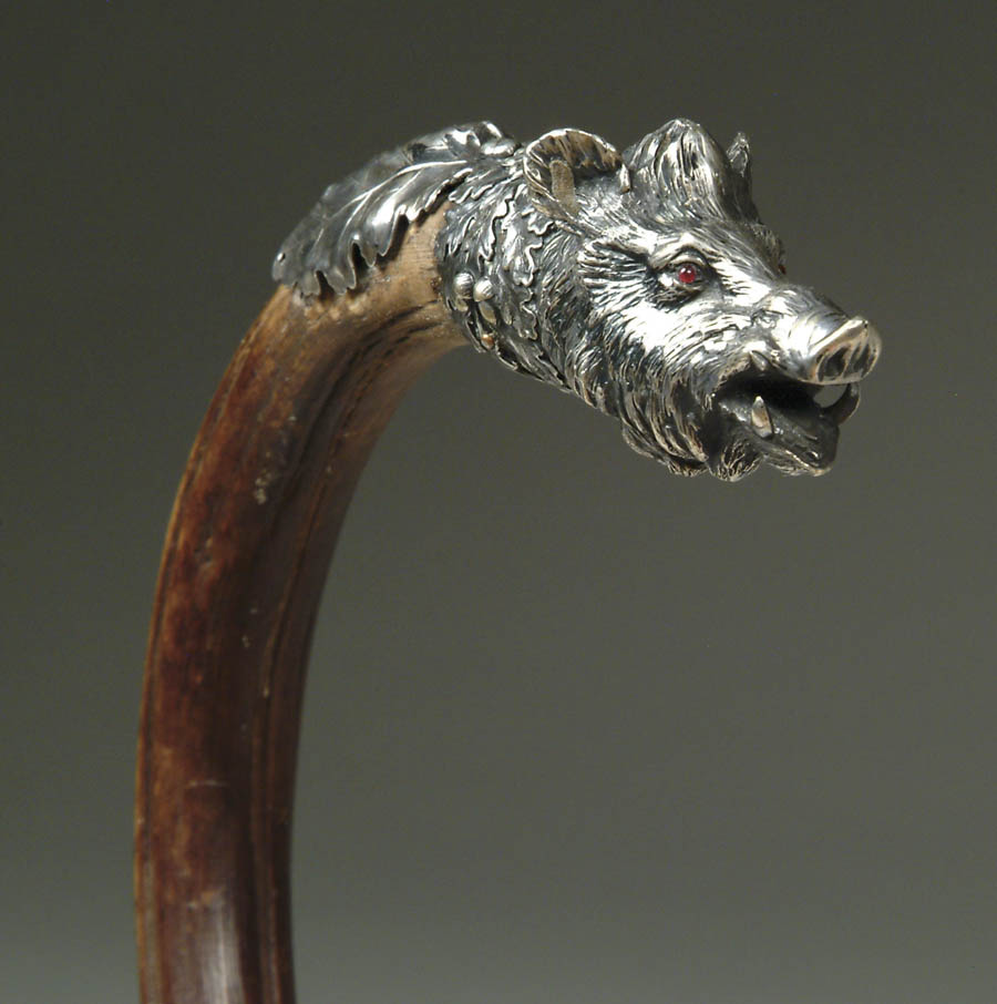 Appraisal: CROOK CANE WITH A SILVER WILD BOAR There are oak