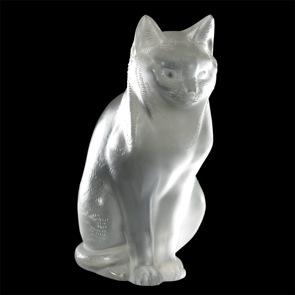 Appraisal: Lalique Moulded and Frosted Glass Seated Cat th century etched