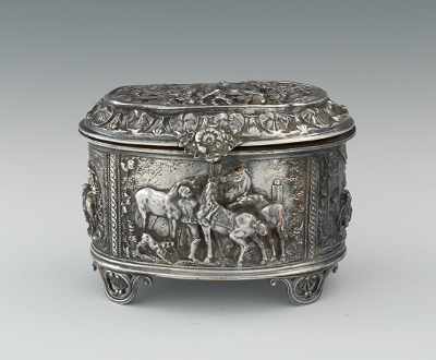 Appraisal: A German Silver Plated Equestrian Jewelry Casket th Century Oval