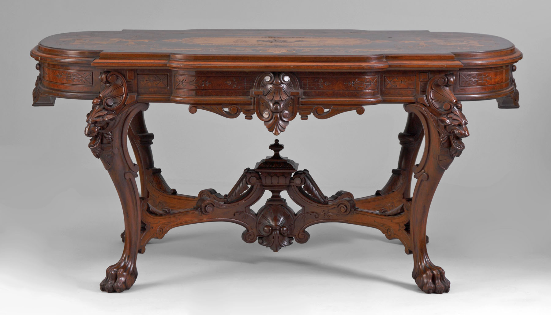 Appraisal: Fine NY Inlaid Walnut Center Table Multi colored inlay Carved