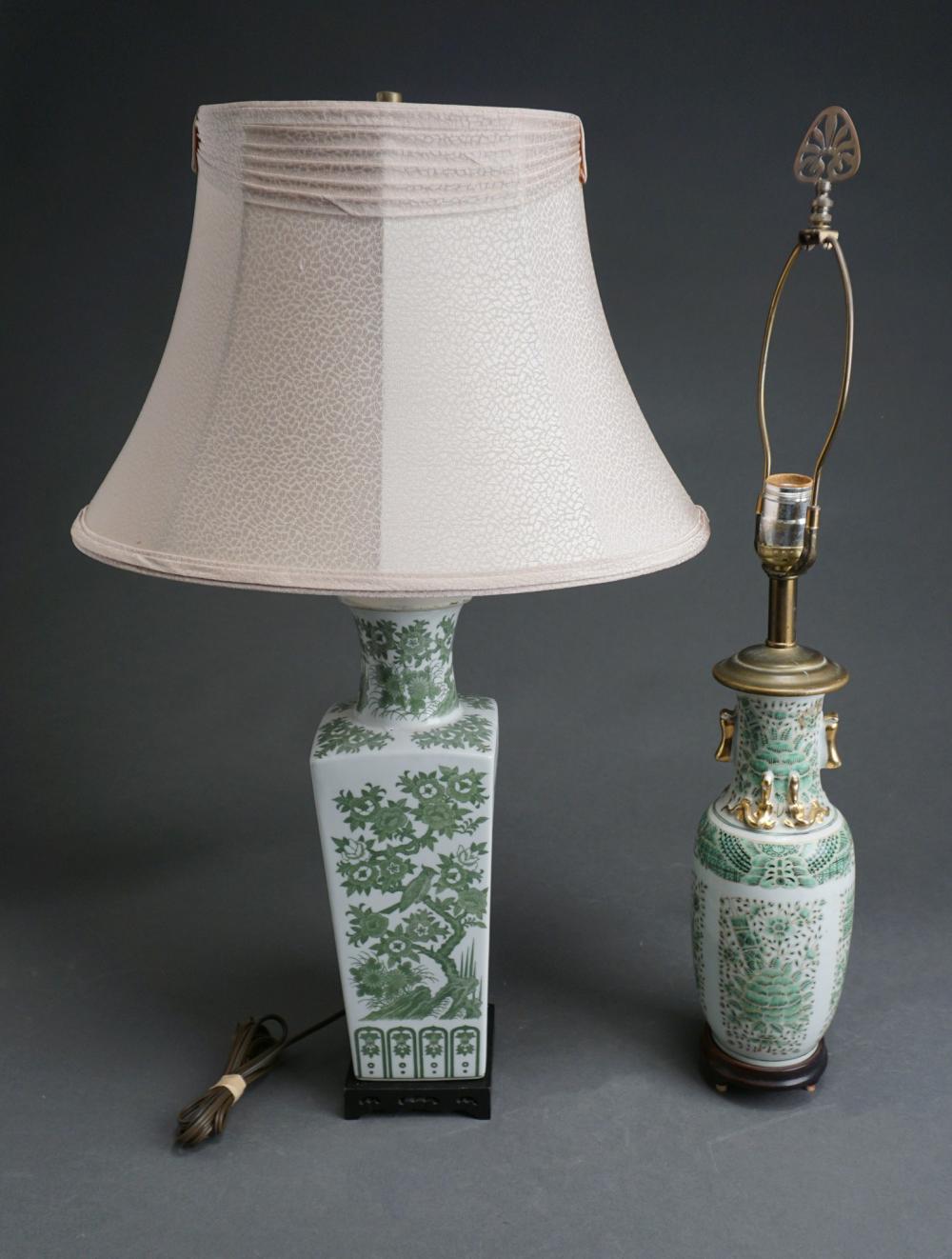 Appraisal: TWO CHINESE GREEN AND WHITE GLAZE PORCELAIN TABLE LAMPS H