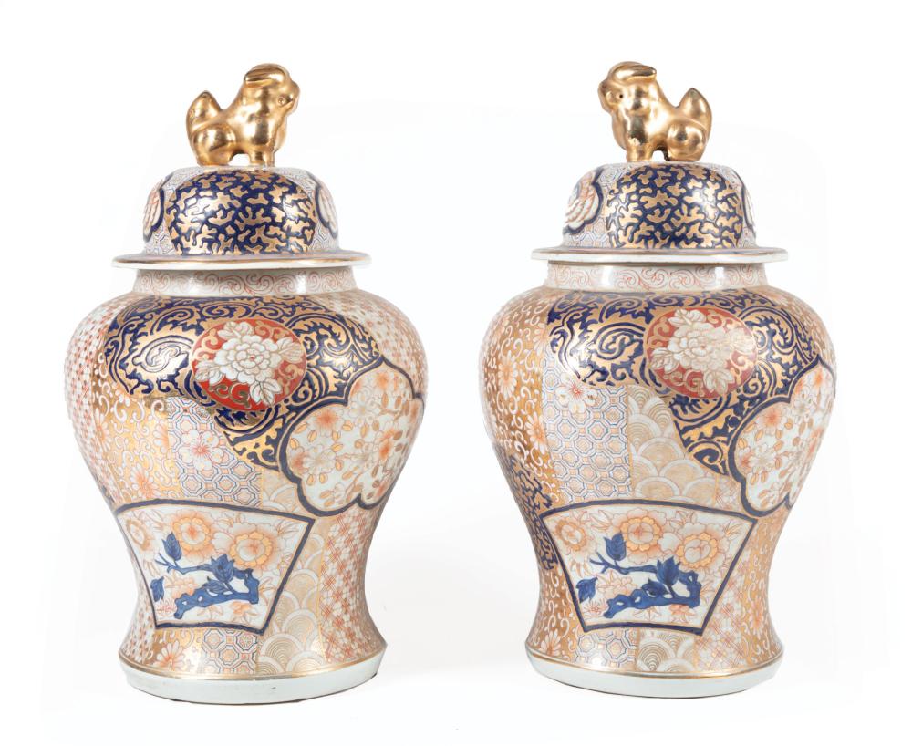 Appraisal: Pair of Imari-Style Covered Jars th c gilt Buddhist lion