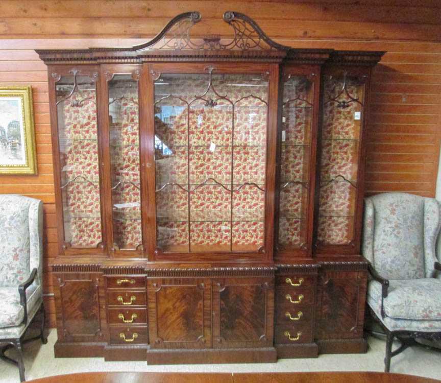 Appraisal: LARGE GEORGE III STYLE MAHOGANY DOUBLE BREAKFRONT CHINA CABINET late