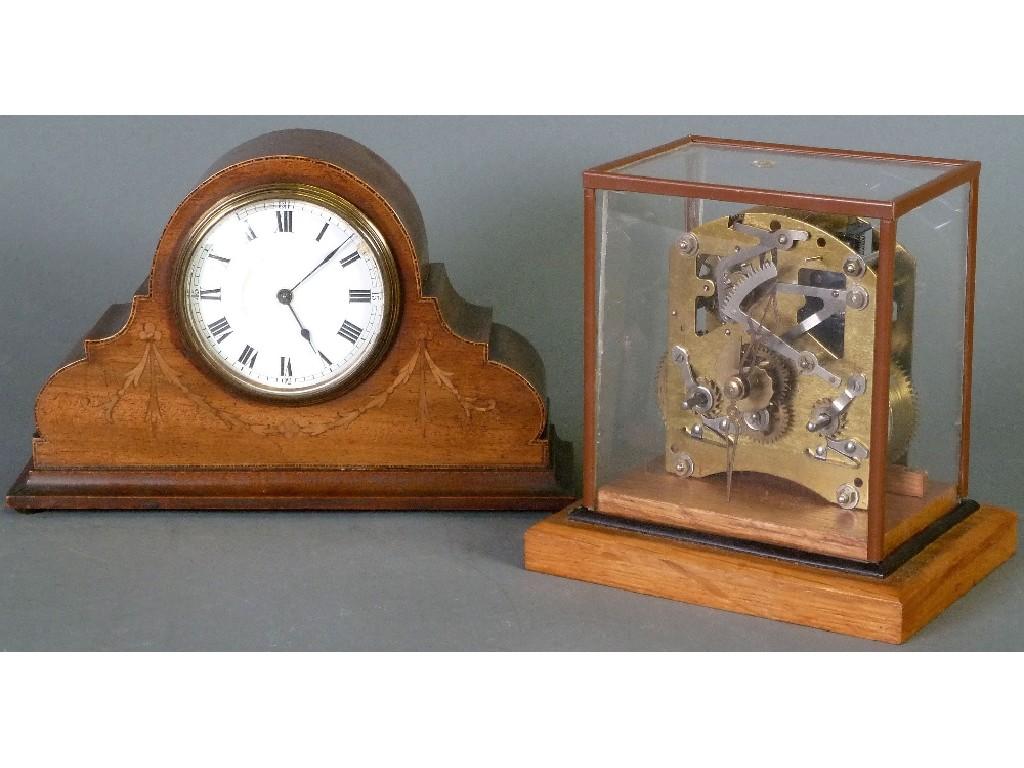 Appraisal: EDWARDIAN INLAID MAHOGANY MANTEL CLOCK the white Roman dial powered